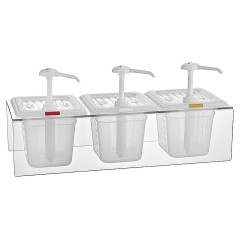 Диспенсер для соуса Gastroplast GDP-03 3х2 л GN1/6 h=150 мм с дозатором 25 мл (полипропилен) на подставке (поликарбонат) прозрачный