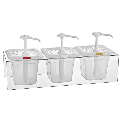 Диспенсер для соуса Gastroplast GDP-03 3х2 л GN1/6 h=150 мм с дозатором 25 мл (полипропилен) на подставке (поликарбонат) прозрачный