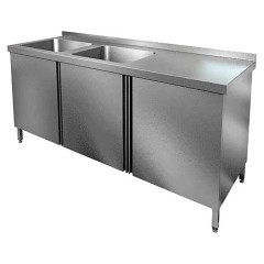 НСЗ2М-14/6БЛ стол с ванной  моеч. 2 секц. (500х400х250) слева, закрыт., распаш двери, HICOLD RUS